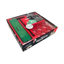 Apéro blackjack : Coffret avec 1 livret de règles du Blackjack et des recettes de shots; 6 shots en verre; 1 tapis de Blackjack; 50 jetons + 1 jeu de cartes