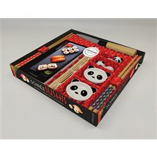 Soirée sushis : Coffret : 1 couteau, 1 natte en bambou, 2 paires de baguettes en bambou, 2 repose-baguettes en céramique en forme de panda, 2 coupelles à sauce en céramique + 1 livret de 20 recettes