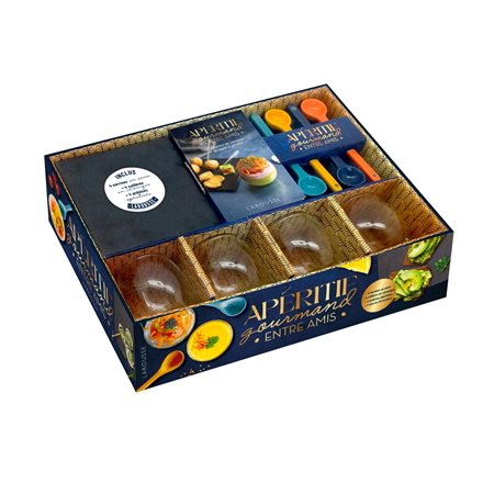 Coffret : Apéritif gourmand entre amis : 4 verrines en verre, 4 cuillères en céramique, 4 ardoises apéritives + 1 livre et recettes salées et sucrées.