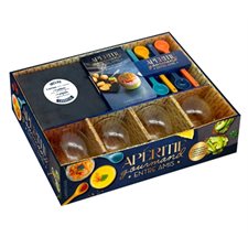 Coffret : Apéritif gourmand entre amis : 4 verrines en verre, 4 cuillères en céramique, 4 ardoises apéritives + 1 livre et recettes salées et sucrées.