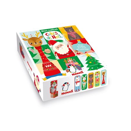 Mon coffret cubes de Noël : 9 cubes cartonnés avec 6 combinaisons possibles pour faire des puzzles + 1 livre joliment illustré pour colorier