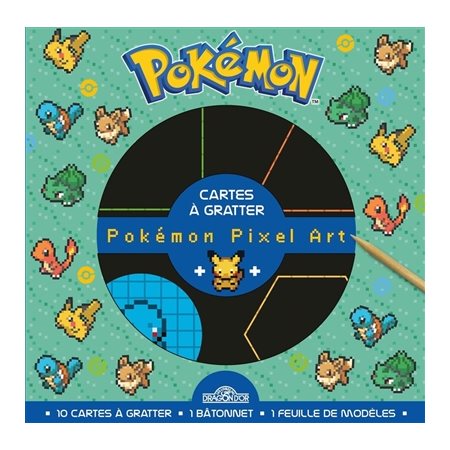 Pokémon : Cartes à gratter pixel art : Pikachu, Bulbizarre, Salamèche, Carapuce : Vert