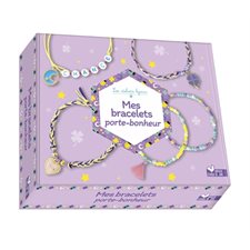Mes bracelets porte-bonheur : Des pendentifs, des perles lettres, des perles de rocaille, 1 pompon, des fils colorés, des anneaux, du fil élastique & des perles