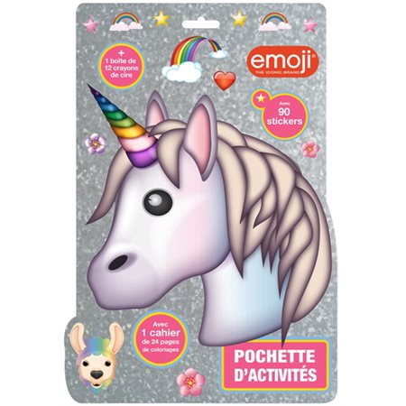 Emoji licorne : Pochette d'activités : 1 cahier de 24 pages de coloriages, 2 planches de stickers + 1 boîte de 12 crayons à la cire