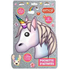 Emoji licorne : Pochette d'activités : 1 cahier de 24 pages de coloriages, 2 planches de stickers + 1 boîte de 12 crayons à la cire