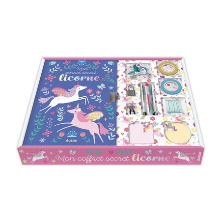 Mon coffret secret licorne : 6+ : Ton carnet secret; 3 planches de stickers; 3 stylos; 2 masking tapes; 2 blocs de notes; 1 cadenas et 2 clés; 1 patch licorne