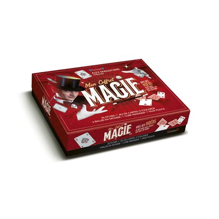 Mon coffret magie : Des jeux pour toute l'année : À partir de 6 ans : 3 balles en mousses; 1 jeu spécial magie de 52 cartes; 1 cube magique; 1 faux pouce; 2 foulards; 25 fiches explicatives