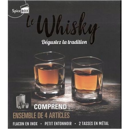 Coffret : Le whisky : Dégustez la tradition : Comprend 2 tasses en métal; 1 petit entonnoir; 1 flacon en inox & 1 livre