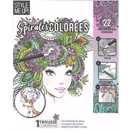 Coffret : Spirales colorées : Style me up ! : 102 autocollants strass; 12 crayons de couleur & motifs à transférer et plus : 8 ans et plus