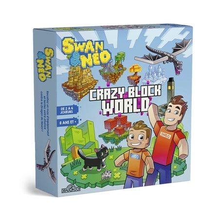 Swan & Néo : Crazy Block World : De 2 à 6 joueurs : 8 ans et + : 4 grandes tuiles de plateau modulables; 1 livret de règles du jeu; 6 pions-personnages; 156 cartes; 100 sacs d'émeraudes; 2 dés & 6 je