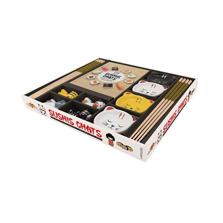 Coffret : Sushis chats : Des recettes made in Japon à chavourer entre amis ! : 4 couplelles à sauce; 4 repose-baguettes; 4 paires de baguettes en bois + 1 livret de recettes