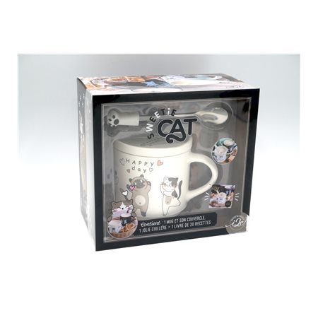 Coffret : Sweetie cat : 20 recettes de boissons & mignardises : Blanc mat : Contient 1 mug + son couvercle; 1 jolie cuillère patte de chat & 1 livre de 20 recettes