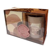 Coffret : Bougie bijou : Un coffret avec une bougie en verre coloré accompagnée d'un bracelet doré et d'un carnet