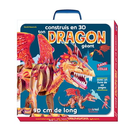 Construis en 3D ton dragon géant : Les instructions et le matériel nécessaires pour assembler une maquette de dragon. Le livre fourni donne également des informations sur cet animal fantastique