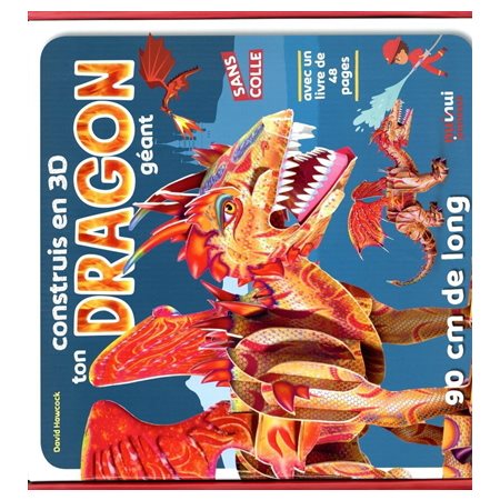 Construis en 3D ton dragon géant : Les instructions et le matériel nécessaires pour assembler une maquette de dragon. Le livre fourni donne également des informations sur cet animal fantastique