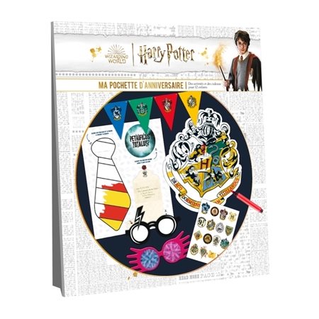 Harry Potter : Ma pochette d'anniversaire : Des activités et des cadeaux ; 12 grands blasons à colorier ; 12 badges-cravates en papier à personnaliser ; 12 paires de lunettes en carton Luna Lovegood