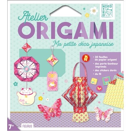 Ma petite déco japonaise : Atelier origami : 7+ : 30 feuilles de papier origami à motifs; 1 livre avec explications, 60 stickers dorés; 1 porte-bonheur prédécoupés + 2 mètres de fil