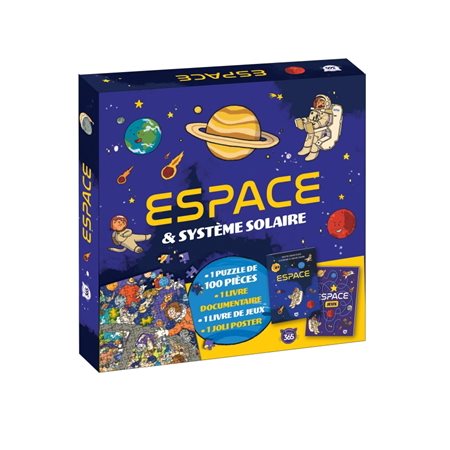 Espace & Système solaire : 1 puzzle de 100 pièces, 1 livre documentaire, 1 livre de jeux, 1 joli poster