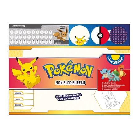 Set de bureau Pokémon : Calendrier des mois; notes repositionnables; 50 mini-enveloppes poké ball : 52 pages avec 1 pense-bête; 1 semainier; 1 grand espace libre + des espaces pour colorier, dessiner