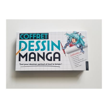 Dessin manga : Coffret :Ttout pour dessiner partout et tout le temps ! : L'atelier de dessin : 1 personnage articulé en bois; 1 stylo pinceau; 3 crayons HB, B et 2B; 1 gomme et 1 taille-crayon