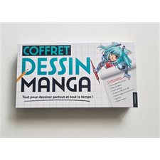 Dessin manga : Coffret :Ttout pour dessiner partout et tout le temps ! : L'atelier de dessin : 1 personnage articulé en bois; 1 stylo pinceau; 3 crayons HB, B et 2B; 1 gomme et 1 taille-crayon