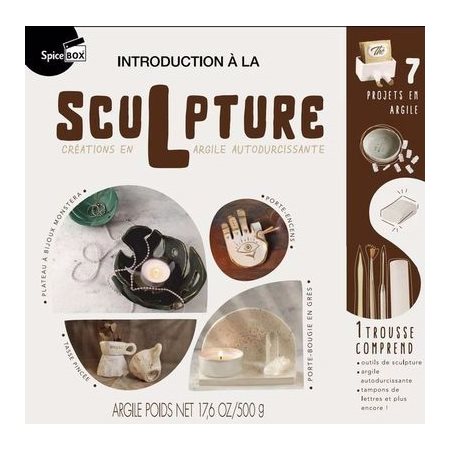 Introduction à la sculpture : Coffret : Argile autodurcissante 500g; ensemble de tampons de lettres personnalisables; racleur en acier; outil de sculpture en métal à pointe; éponge de modelage, etc.