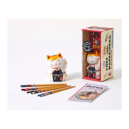 Coffret : Chef Manekineko et ses baguettes : Le Japon dans ma cuisine : 1 livre de cuisine de plus de 20 recettes; 4 paires de baguettes décorées + 1 pot à baguettes Manekineko