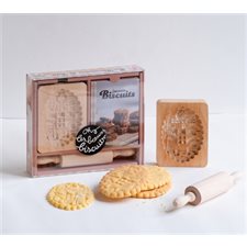 Coffret : La biscuiterie de Kiki : 1 livre de recettes pour réaliser biscuits et sablés + 1 rouleau à pâtisserie + 1 moule à biscuit en bois gravé