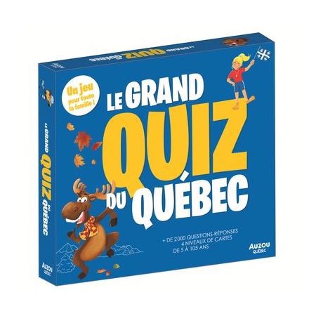 Le grand quiz du Québec : 5 à 105 ans; 2 à 5 joueurs : 5 casse-têtes; 1 dé; 5 pions; 1 plateau de jeu + 420 cartes à 4 niveaux