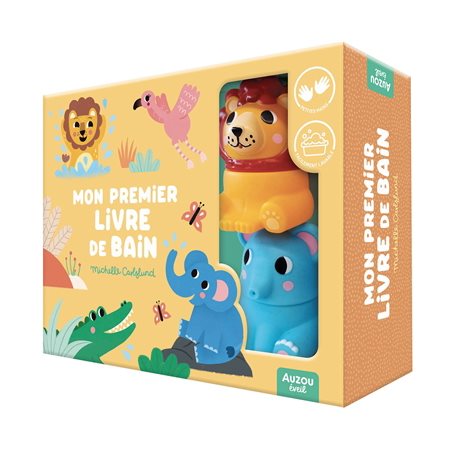 Coffret : Dans la savane : Mon premier livre de bain : 1 livre accordéon pour découvrir les animaux de la savane + 2 jouets cracheurs déclipsables