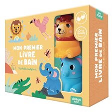 Coffret : Dans la savane : Mon premier livre de bain : 1 livre accordéon pour découvrir les animaux de la savane + 2 jouets cracheurs déclipsables