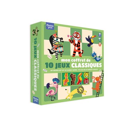 Mon coffret de 10 jeux classiques : 5 + : 2-5 joueurs : Dames, un jeu de 54 cartes; jeu de petits chevaux; jeu de l'oie; jeu serpents et échelles, etc.