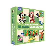 Mon coffret de 10 jeux classiques : 5 + : 2-5 joueurs : Dames, un jeu de 54 cartes; jeu de petits chevaux; jeu de l'oie; jeu serpents et échelles, etc.