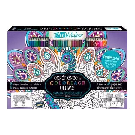 Coffret : Animaux spectaculaires et plus : Expérience de coloriage ultime : 18 crayons de couleurs pour artites et 12 crayons de couleur métallisés + cahier de 48 pages