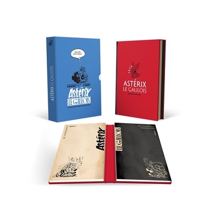 Coffret : Une aventure d'Astérix T.01 : Astérix le Gaulois : Bande dessinée : Édition 65 ans : Titre recolorisé dans une édition artbook avec le scénario tapuscrit de Goscinny et les 44 planches orig