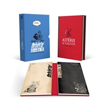 Coffret : Une aventure d'Astérix T.01 : Astérix le Gaulois : Bande dessinée : Édition 65 ans : Titre recolorisé dans une édition artbook avec le scénario tapuscrit de Goscinny et les 44 planches orig