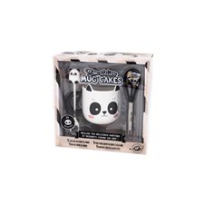 Coffret : Mon atelier mug cakes : Panda : Comprend 1 mug en forme de panda; 1 cuillère en forme de panda; 1 livre de 20 recettes + 1 fouet noir gravé en inox et silicone