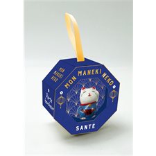 Santé : Mon maneki-neko porte-bonheur : Un maneki-neko blanc, couleur de la protection et du bien-être, et son pochon en velours pour le transporter en sécurité