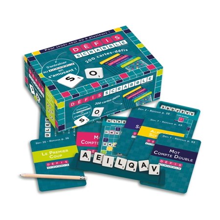 Défis Scrabble : Dans ce coffret : 200 cartes-défis pour jouer seul, à deux ou davantage; 1 livret de 96 pages avec les réponses, des trucs pour s'améliorer; 1 carnet avec la règle du jeu + 1 crayon