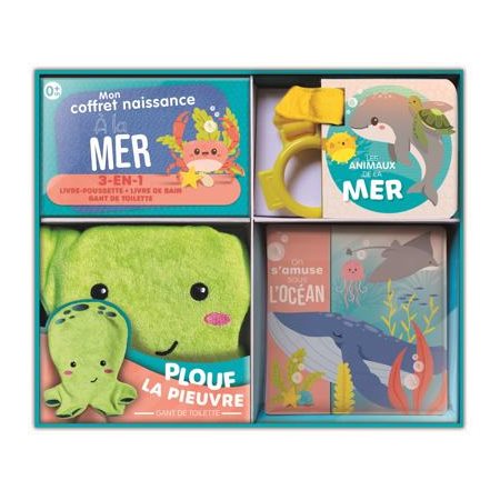 À la mer ! : Mon coffret naissance : Gant de toilette + 2 livres d'éveil : Livre de bain