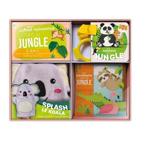 Dans la jungle  : Mon coffret naissance : Gant de toilette + 2 livres d'éveil : Livre de bain