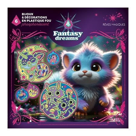Rêves magiques : Bijoux et décoration en plastique fou phosphorescent : Fantasy dreams : 3 plances de pastique fou phosphorescent; 1 fil rose; 3 carrés de pâte adhésive