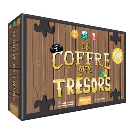 Le coffre aux trésors : Récupère plein de pièces ! : 4+; 10 minutes; 2-5 joueurs : Contient 36 pièces; 5 planches-pirates; 1 sac en toile