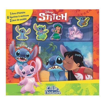 Disney Stitch : Colle à l'histoire : 3 ans et + : 1 livre d'histoire; 8 figurines à ventouse; plateau de jeu double face; 2 jeux en 1