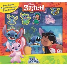 Disney Stitch : Colle à l'histoire : 3 ans et + : 1 livre d'histoire; 8 figurines à ventouse; plateau de jeu double face; 2 jeux en 1