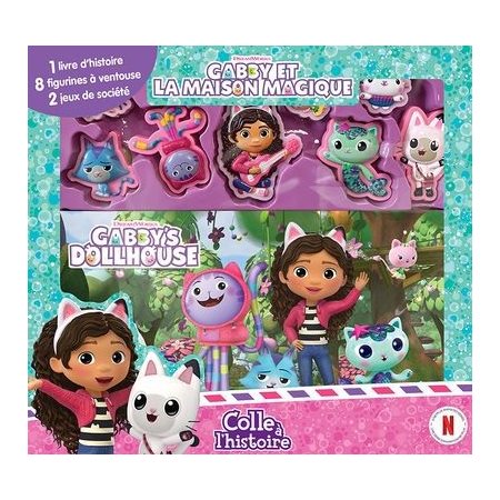 Gabby et la Maison Magique : Colle à l'histoire : 3 ans et + : 1 livre d'histoire; 8 figurines à ventouse; plateau de jeu double face; 2 jeux en 1