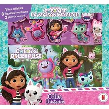 Gabby et la Maison Magique : Colle à l'histoire : 3 ans et + : 1 livre d'histoire; 8 figurines à ventouse; plateau de jeu double face; 2 jeux en 1