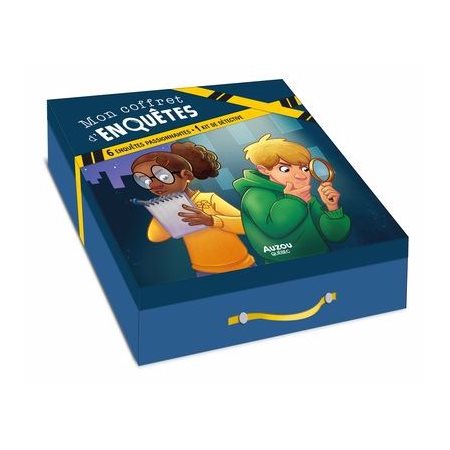 Mon coffret d'enquêtes : 5+ : 1 livre avec 6 enquêtes à découvrir; 1 miroir; 1 loupe; 1 ruban jaune; 1 feutre pour tableau blanc; 1 stylo à encre invisible+ 1 pince+ 1 carte d'identification et 1 car