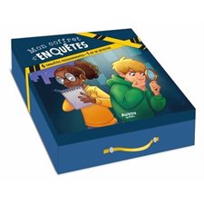 Mon coffret d'enquêtes : 5+ : 1 livre avec 6 enquêtes à découvrir; 1 miroir; 1 loupe; 1 ruban jaune; 1 feutre pour tableau blanc; 1 stylo à encre invisible+ 1 pince+ 1 carte d'identification et 1 car