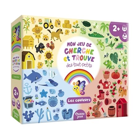 Les couleurs : Mon jeu de cherche et trouve des tout-petits : 2-5 ans; 1-4 jouerus; 10 minutes : 60 tuiles épaisses pour les petites mains + 4 plateaux recto verso et 6 jeux différents